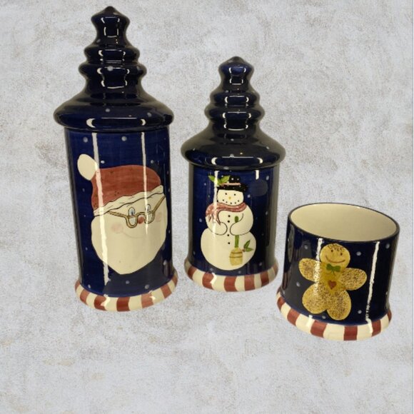 LAURIE GATES -- Christmas Canisters 3 Pc, Holiday Decor, Santa, Snowman, GBread - Picture 2 of 11